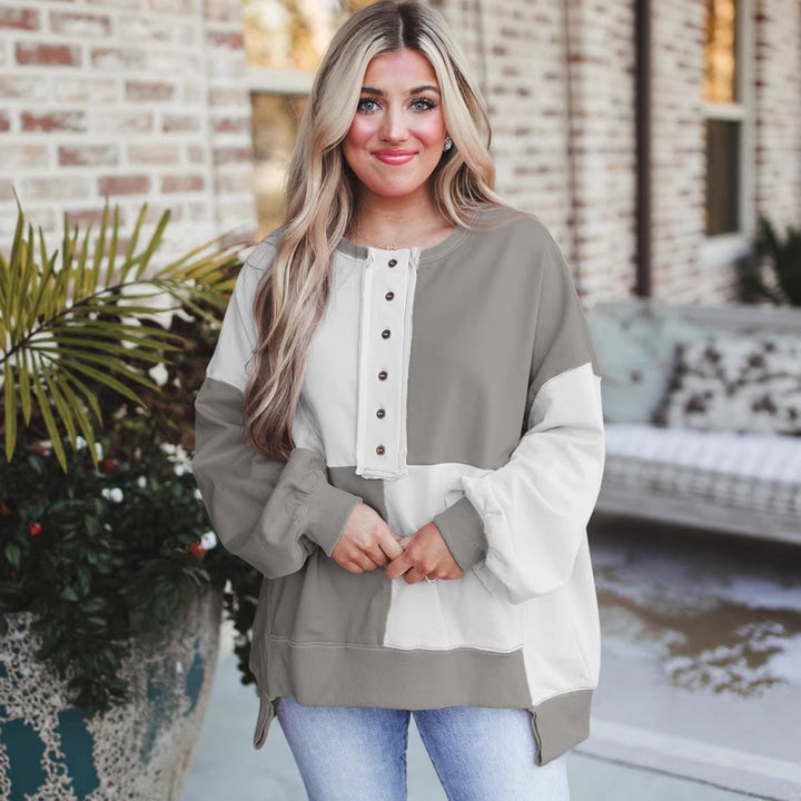 Women's Oversized Long Sleeve Sweatshirt in Colorblock with Henley Button Placket and Balloon Sleeves Mune Fashion