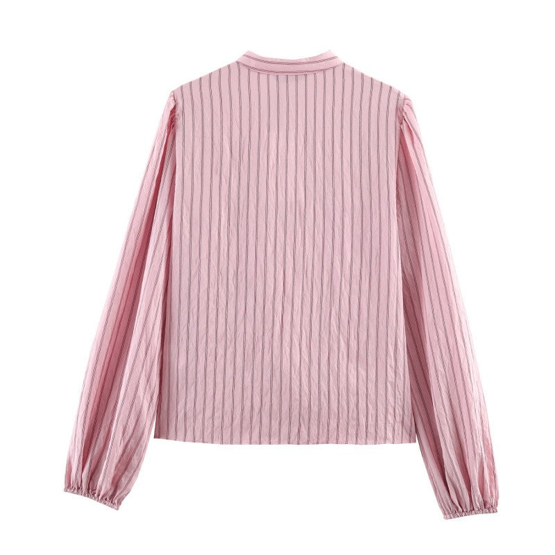 Women's Ruffle Blouse with Stand Collar, Fine Stripes and Gathered Sleeves Mune Fashion