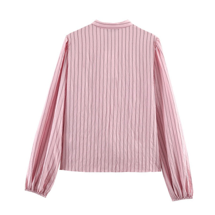 Women's Ruffle Blouse with Stand Collar, Fine Stripes and Gathered Sleeves Mune Fashion