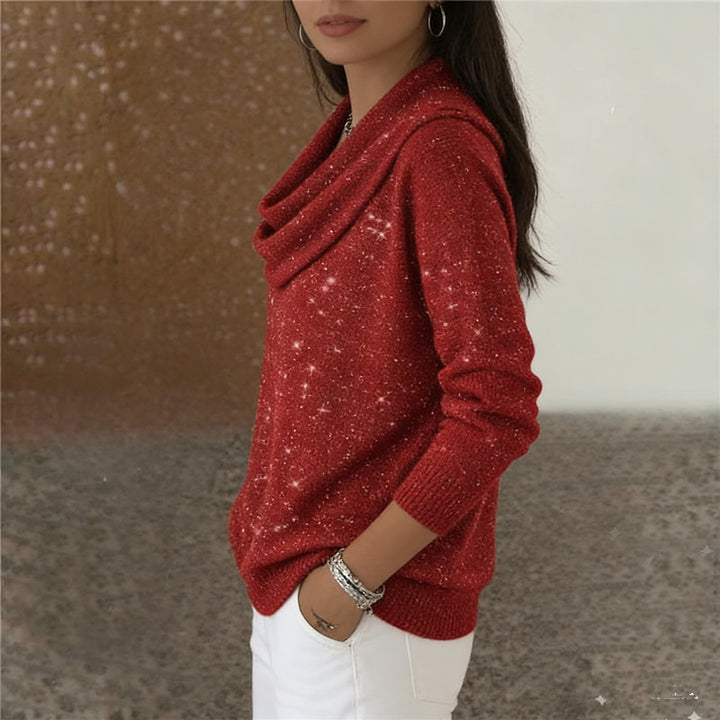Women's fine knitted pullover with waterfall collar and ribbed hem Mune Fashion