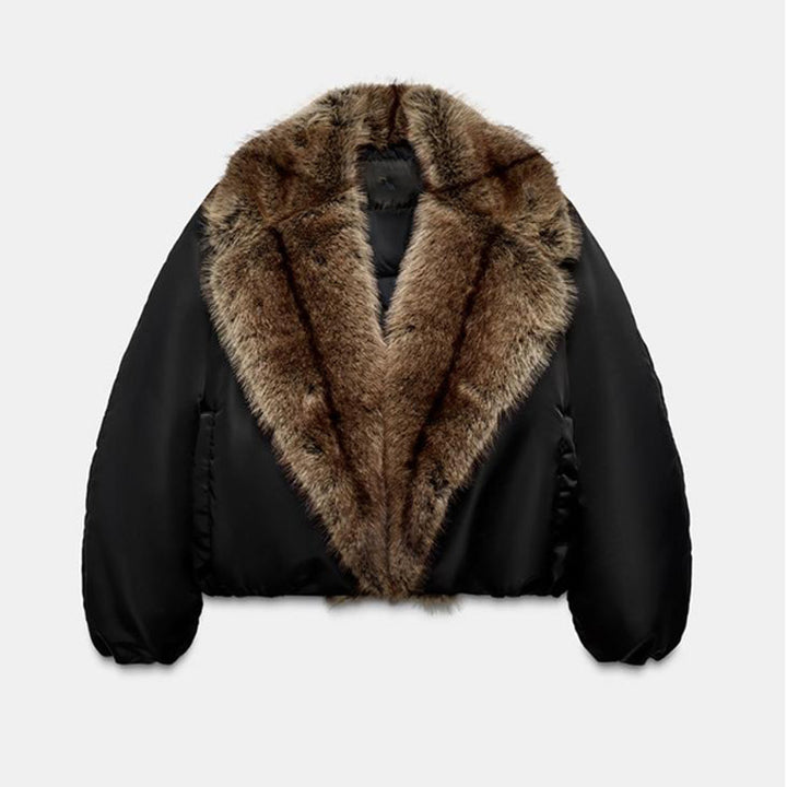 Women's Oversize Bomber Jacket with Voluminous Fur Collar and Satin Sleeves Mune Fashion