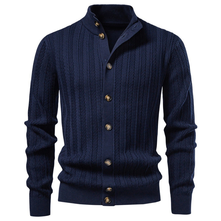 Men's Fine Knit Button Cardigan with Cable Pattern and Stand-Up Collar Mune Fashion
