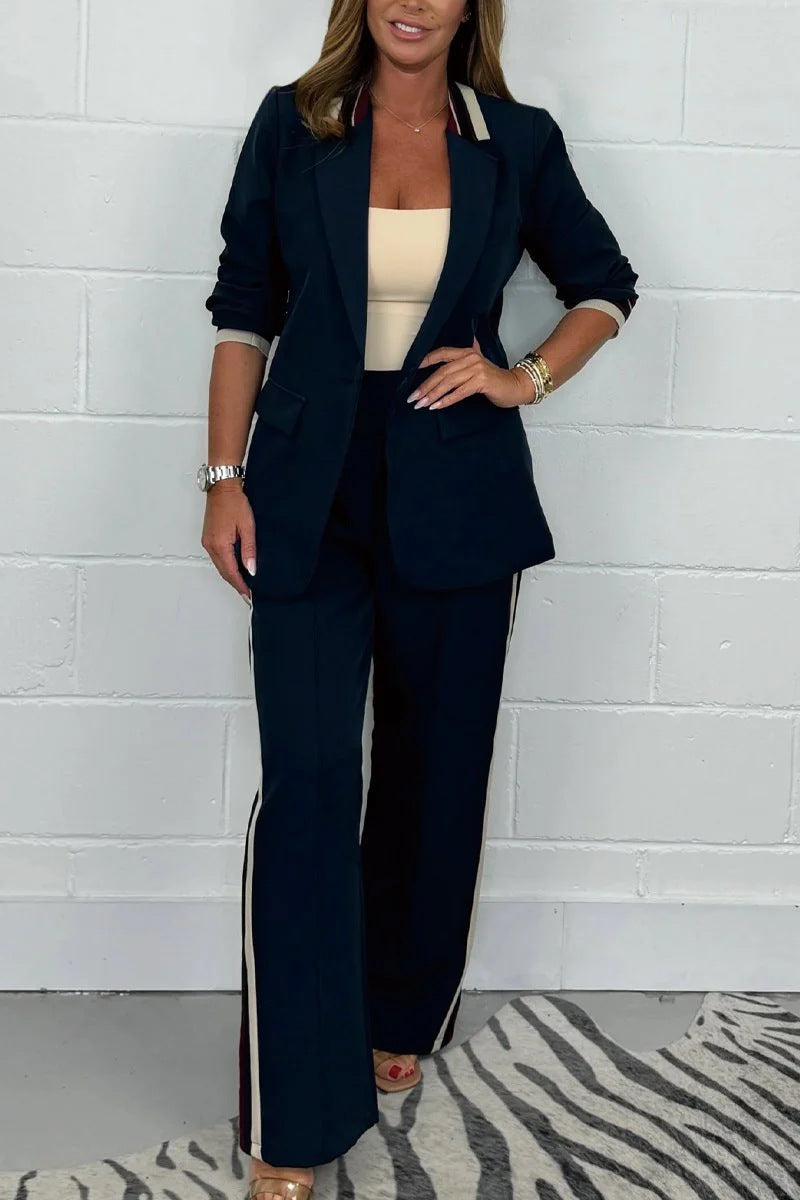 Women's fitted long blazer pant set with crease, wide leg and side piping Mune Fashion