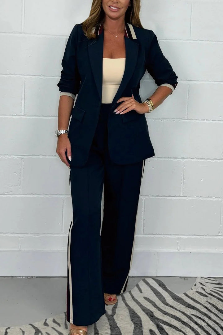 Women's fitted long blazer pant set with crease, wide leg and side piping Mune Fashion