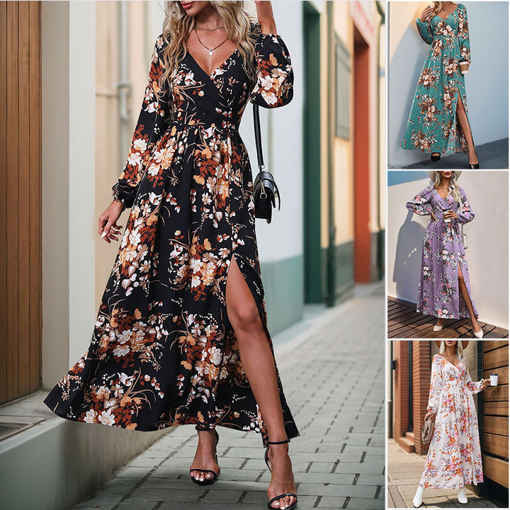 Women’s maxi dress with wrap effect, V-neck, waist gathering & side leg slit Mune Fashion