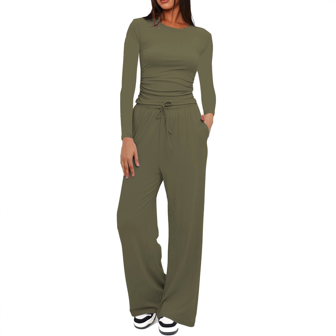 Women's Figure-Hugging Long Sleeve with Side Gathering and High-Waist Palazzo Jogging Pants Set Mune Fashion