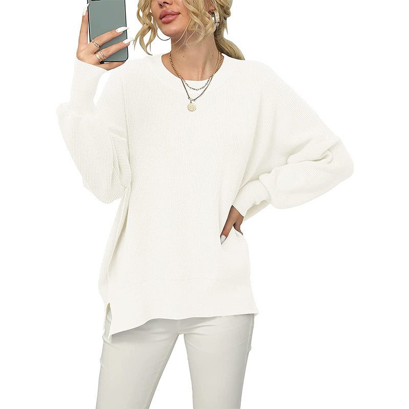 Women's Oversized Fine Knit Sweater with Round Neck, Dropped Shoulder and Side Slits Mune Fashion