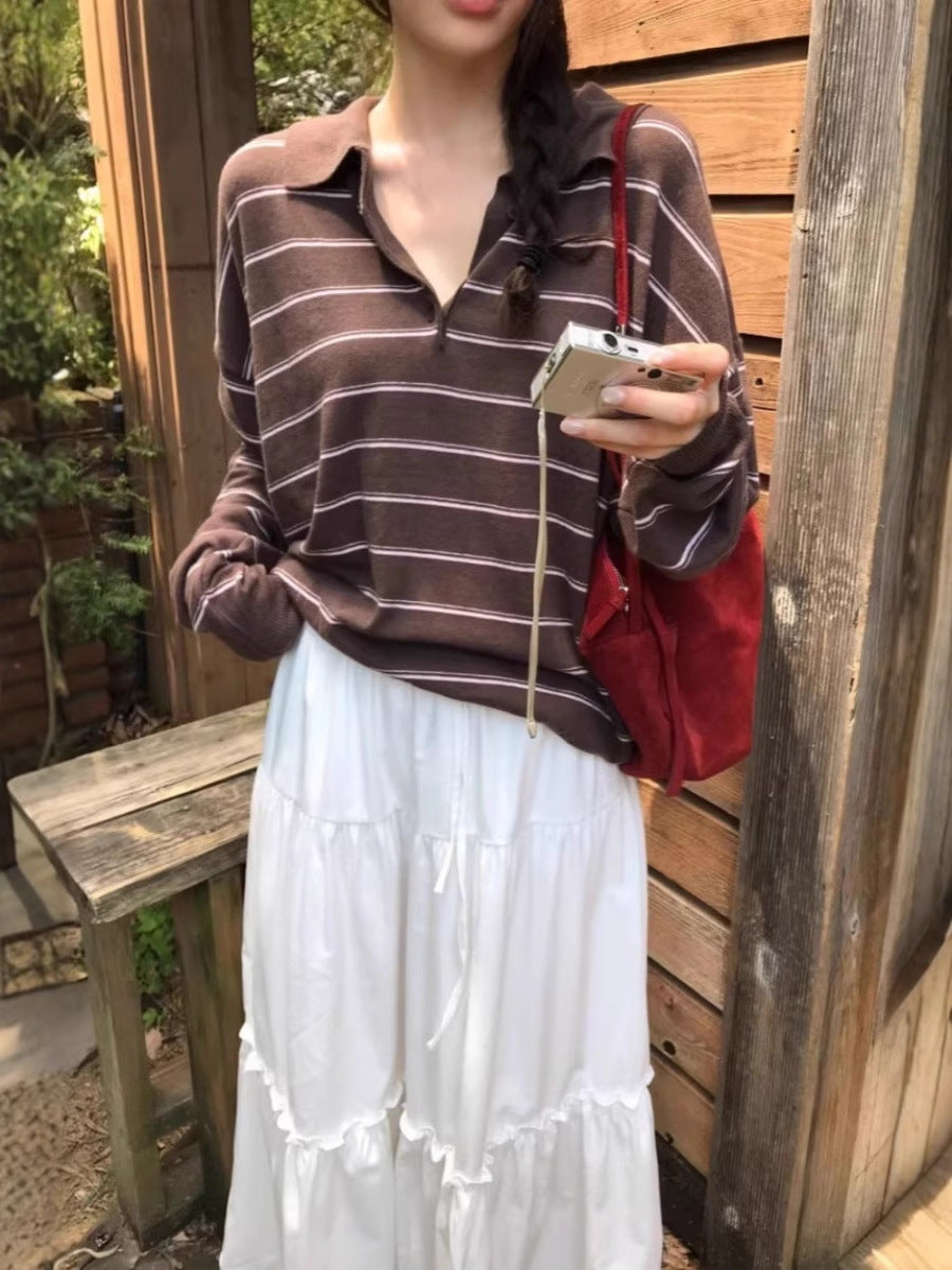 Women Oversized Polo Collar Knit Sweater with Stripes and Half Button Placket Mune Fashion
