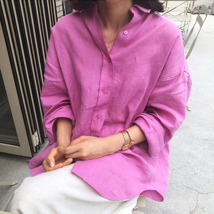 Women’s casual linen blouse with structured WMune fashioning, dropped shoulder and roll-up sleeves Mune fashion