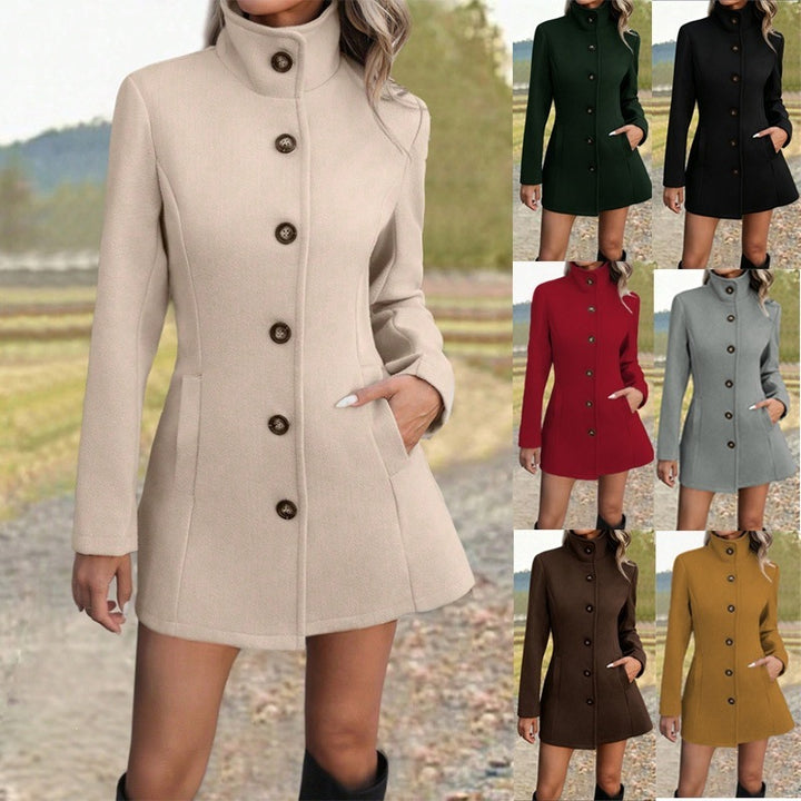 Women Tailored Wool Blend Coat with Stand-Up Collar, Full-Length Button Placket, and A-Line Silhouette Mune Fashion