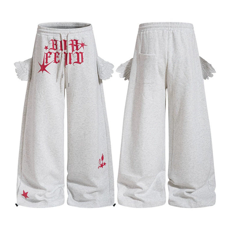 Women's Extra Wide Palazzo Sweatpants with Wing Pockets, Drawstring Waistband and Gothic Print Mune Fashion
