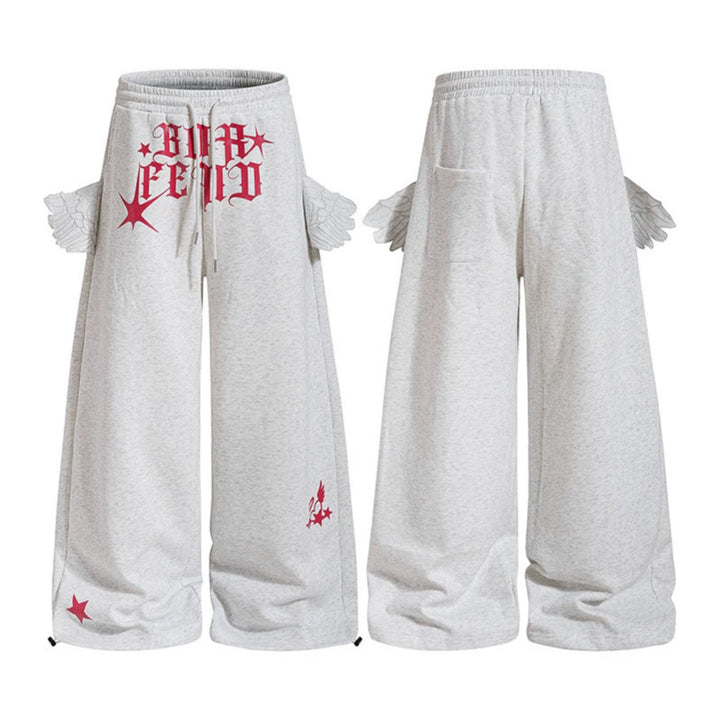 Women's Extra Wide Palazzo Sweatpants with Wing Pockets, Drawstring Waistband and Gothic Print Mune Fashion