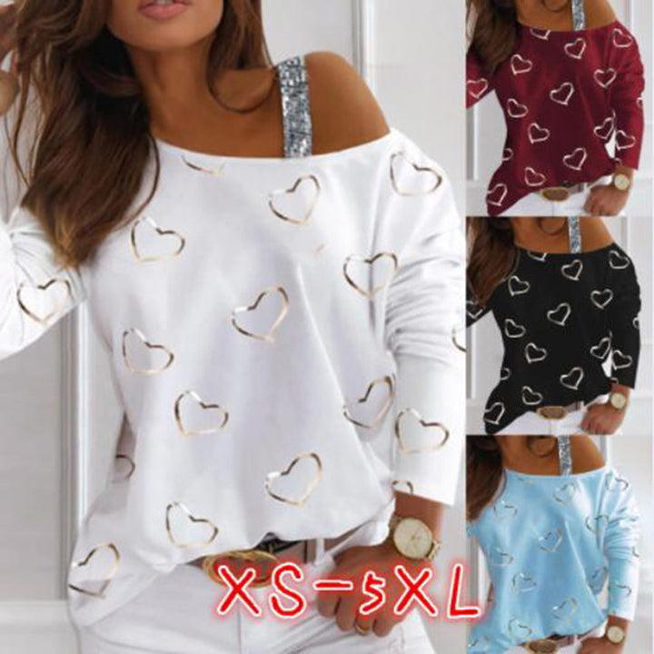 Women Off-Shoulder Knit Sweater with Heart Print and Sequin Straps Mune Fashion