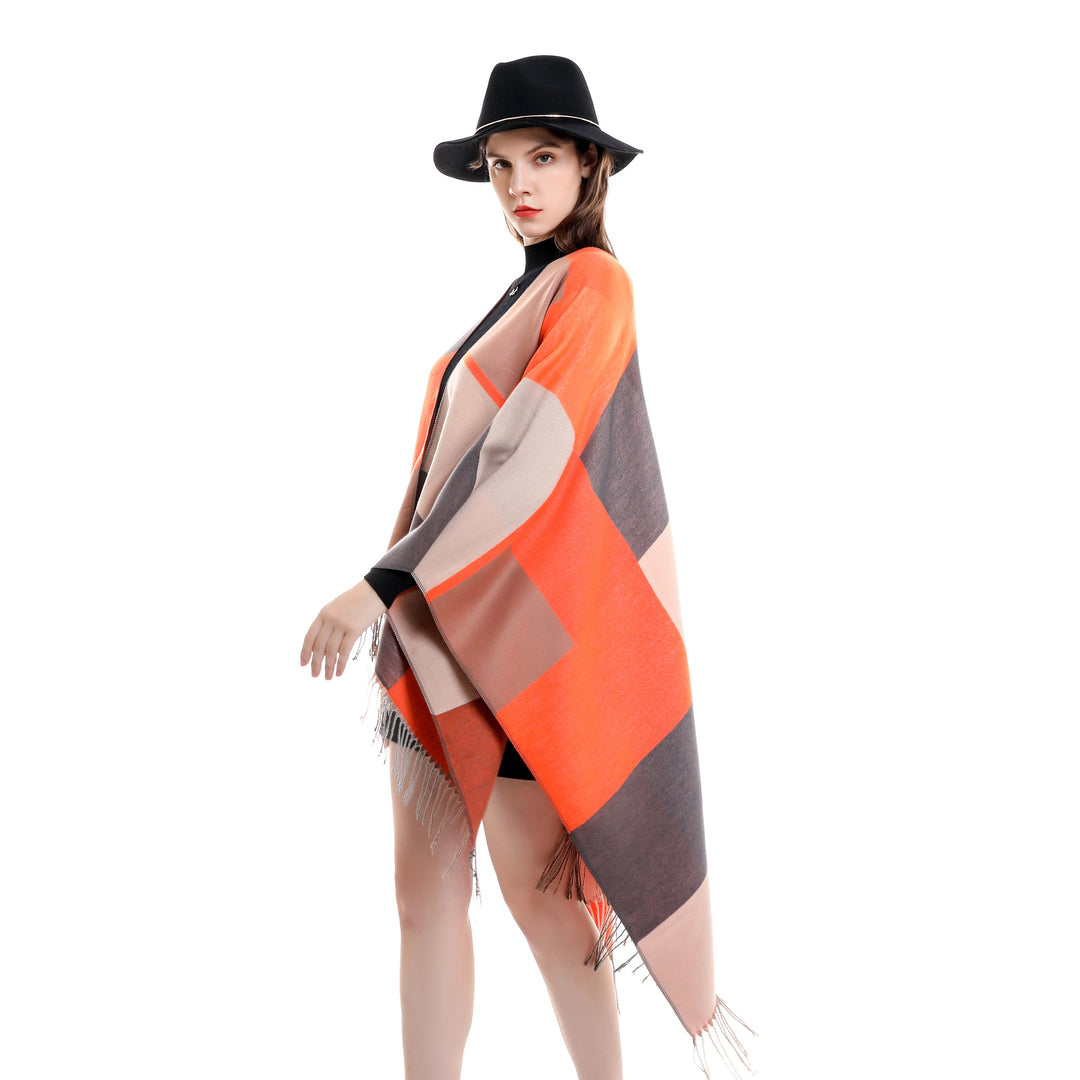 Ladies Lightweight Woven Ruana with Geometric Block Pattern and Fringe Hem Mune Fashion