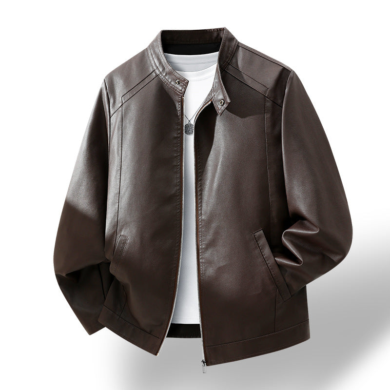 Men's Simple Faux Leather City Jacket with Stand Collar, Two-Way Zipper & Side Pockets Mune Fashion