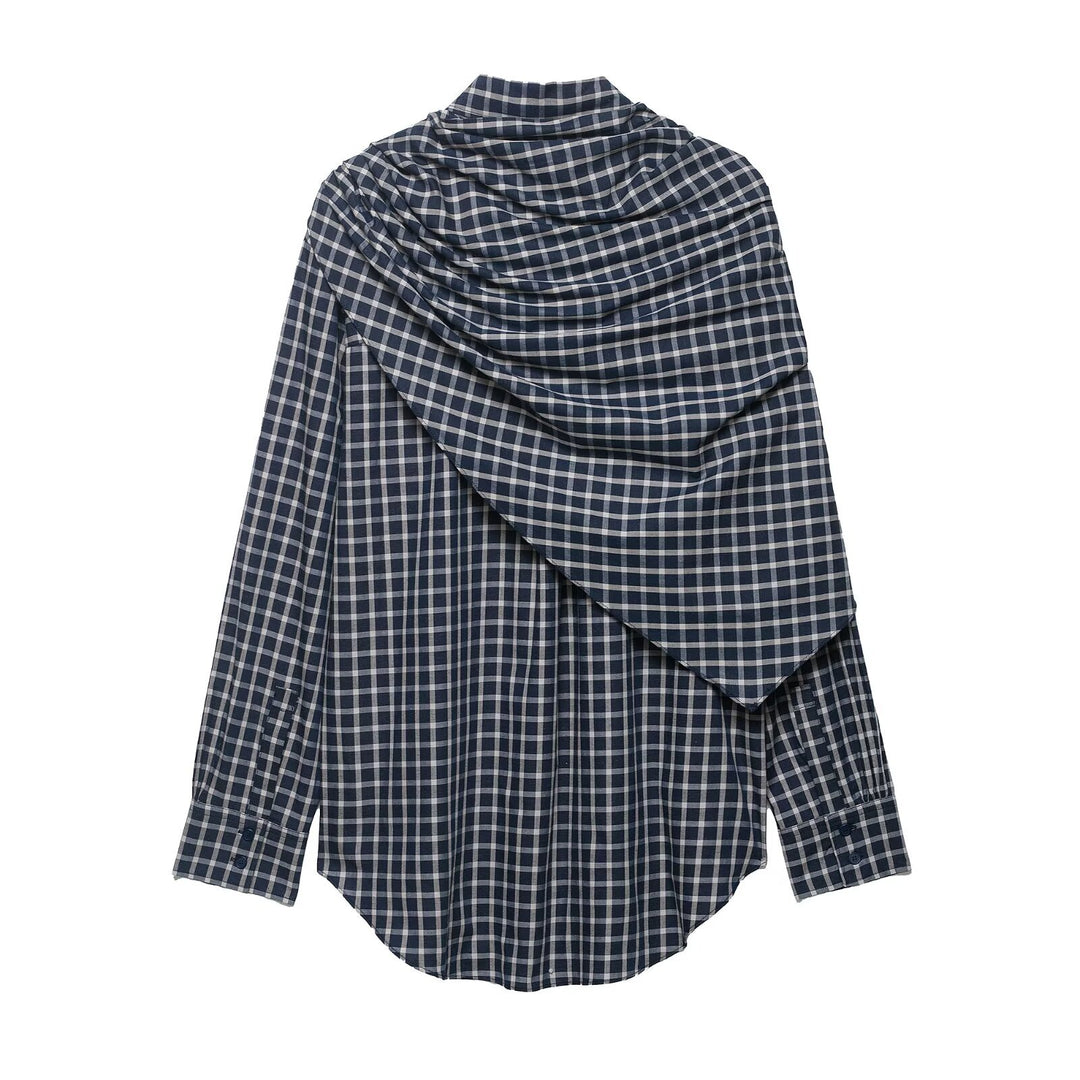 Women Oversize Shirt Blouse with Integrated Shoulder Scarf and Vichy Check Mune Fashion