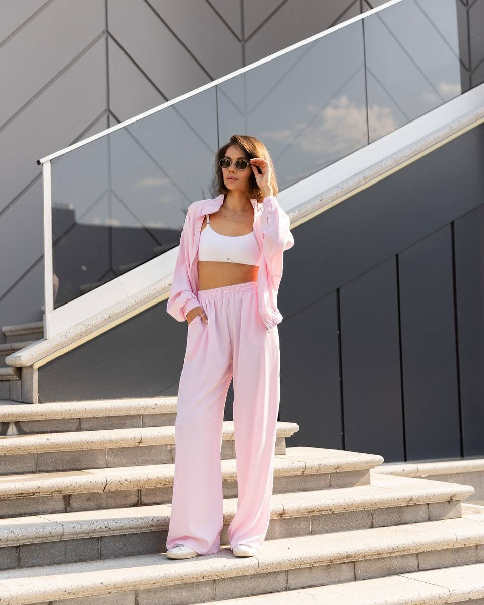 Women casual two-piece set made of flowing satin look with wide waistband and crop top