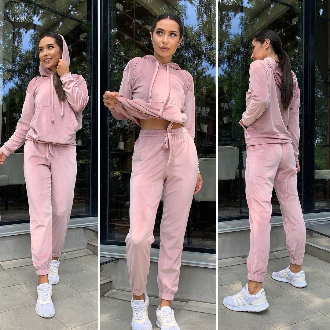 Women's Velvet Loungewear Set with Cropped Hoodie and Drawstring Joggers Mune Fashion
