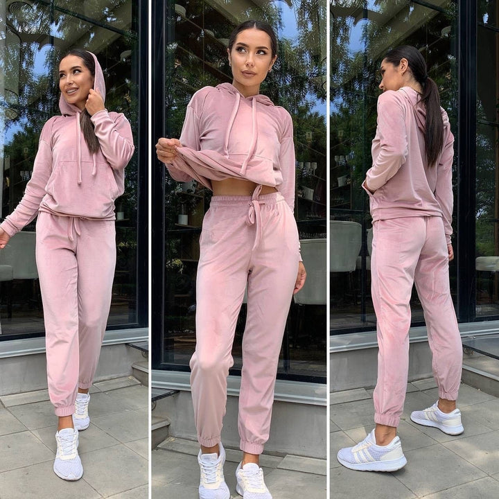 Women's Velvet Loungewear Set with Cropped Hoodie and Drawstring Joggers Mune Fashion