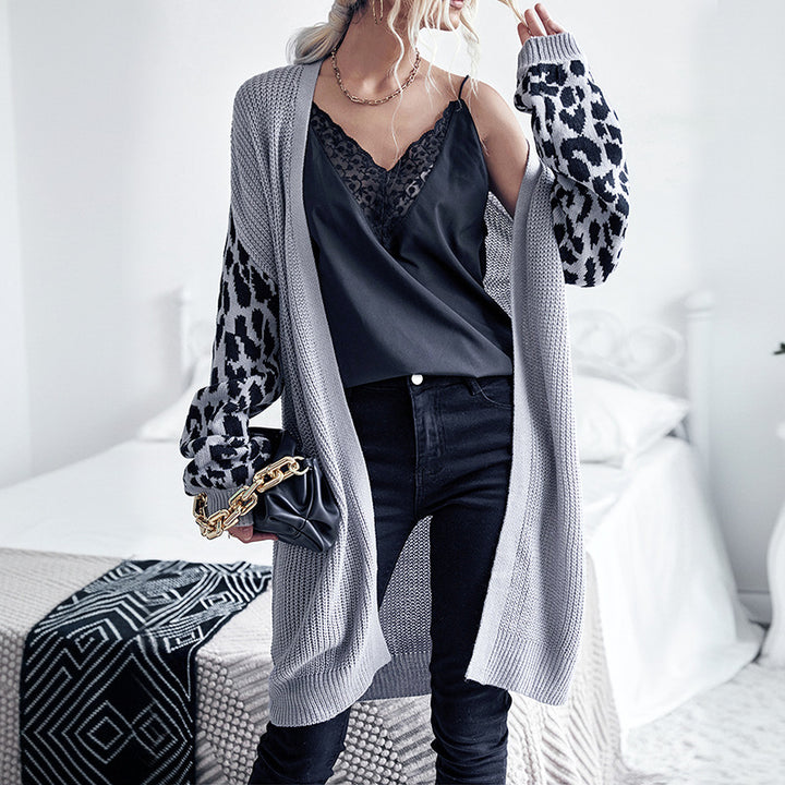 Women Long Open Knit Cardigan with Leopard Pattern Sleeves and Ribbed Hem Mune Fashion