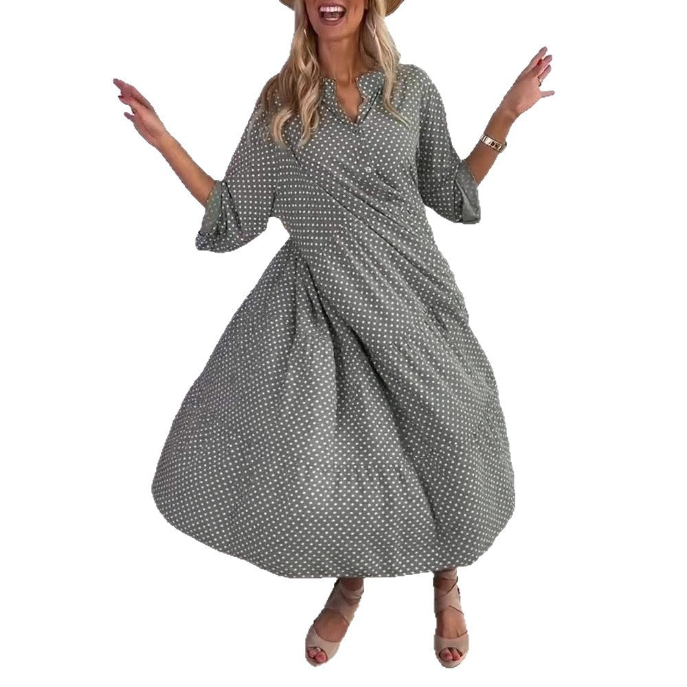 Ladies casual tiered midi dress with stand-up collar, concealed button placket and three-quarter sleeves Mune Fashion