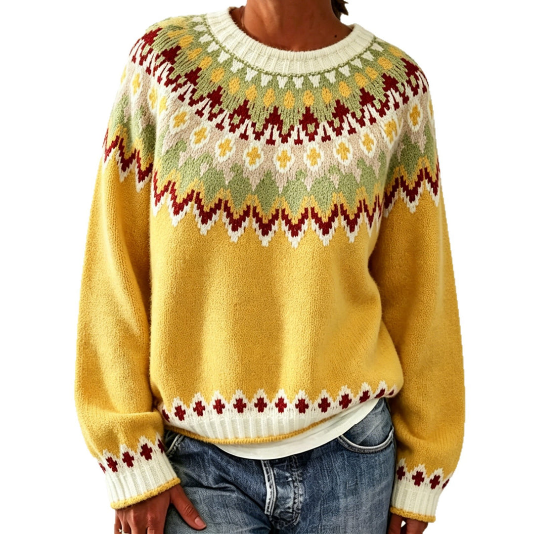 Women Round Neck Norwegian Sweater with Fair Isle Jacquard Mune Fashion