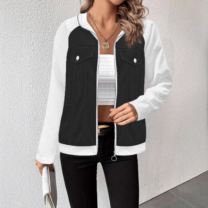 Women's denim mix blouson jacket with zipper and chest pockets Mune Fashion