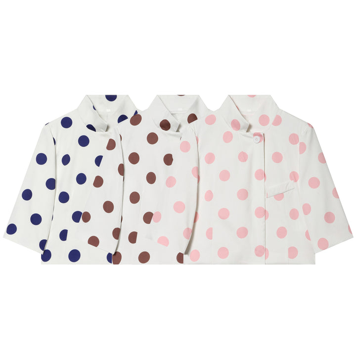 Women Polka Dot Cropped Boxy Jacket with Stand Collar and Three-Quarter Sleeves Mune Fashion