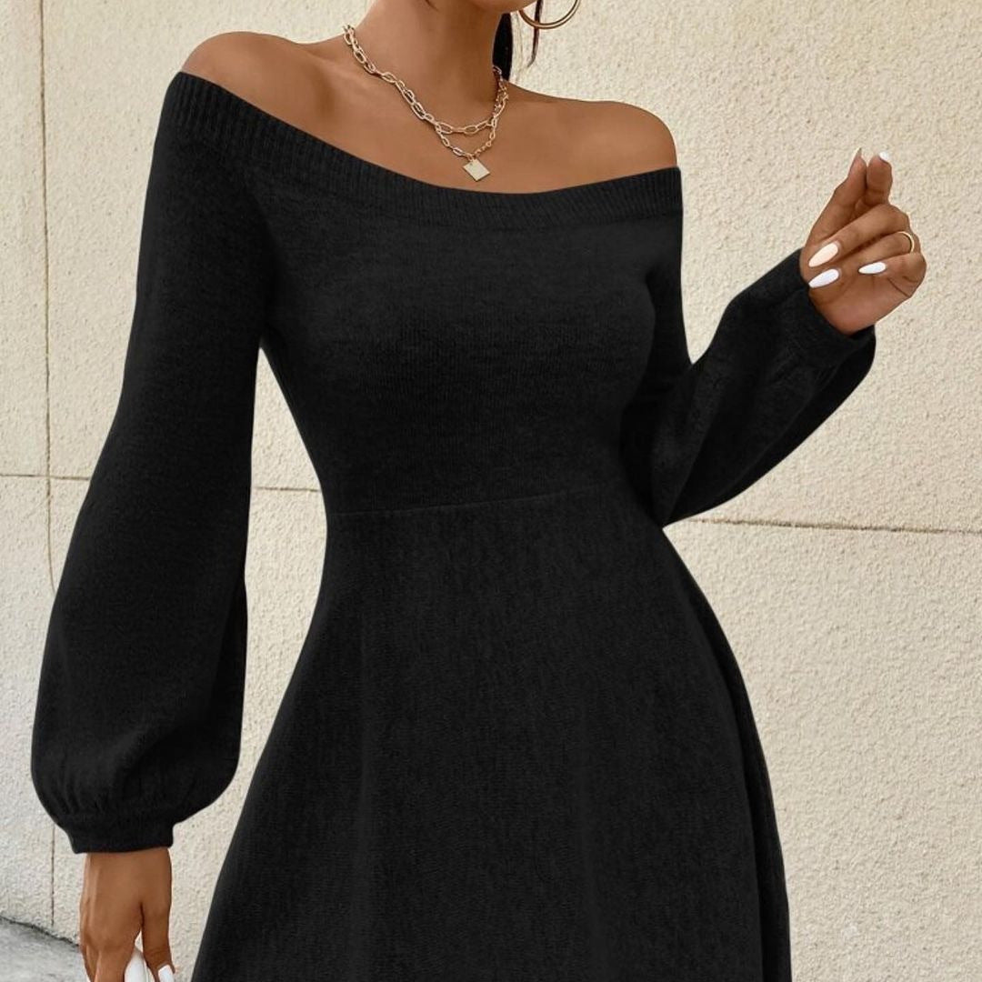 Women's Off-Shoulder Fine Knit Dress with Fitted Cut and Balloon Sleeves Mune Fashion
