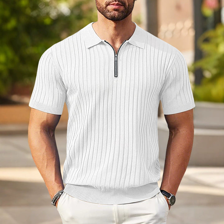 Men's elegant structured short sleeve knit polo with short metal zipper and shirt collar Mune Fashion