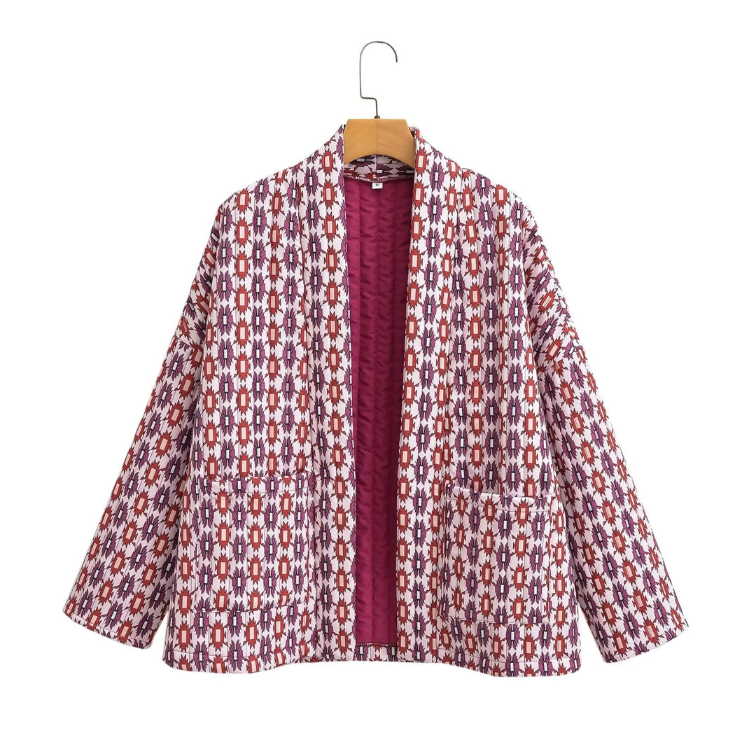 Women's Patterned Kimono Quilted Jacket with Open Front and Patch Pockets Mune Fashion