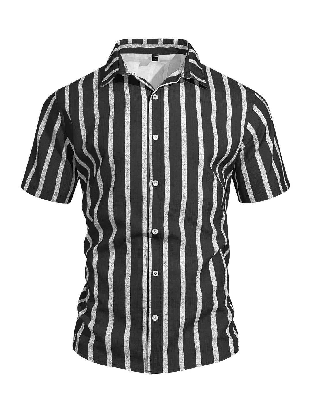 Men's casual short sleeve shirt with vertical block stripes, open lapel collar, and lightweight cotton-linen blend Mune Fashion