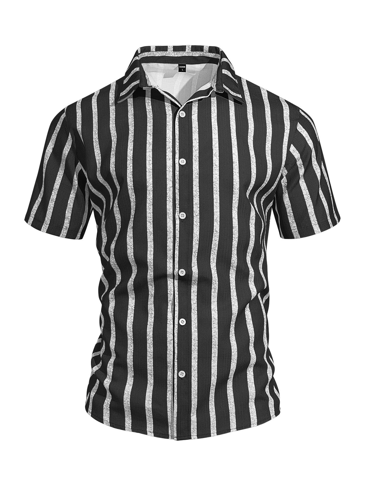 Men's casual short sleeve shirt with vertical block stripes, open lapel collar, and lightweight cotton-linen blend Mune Fashion
