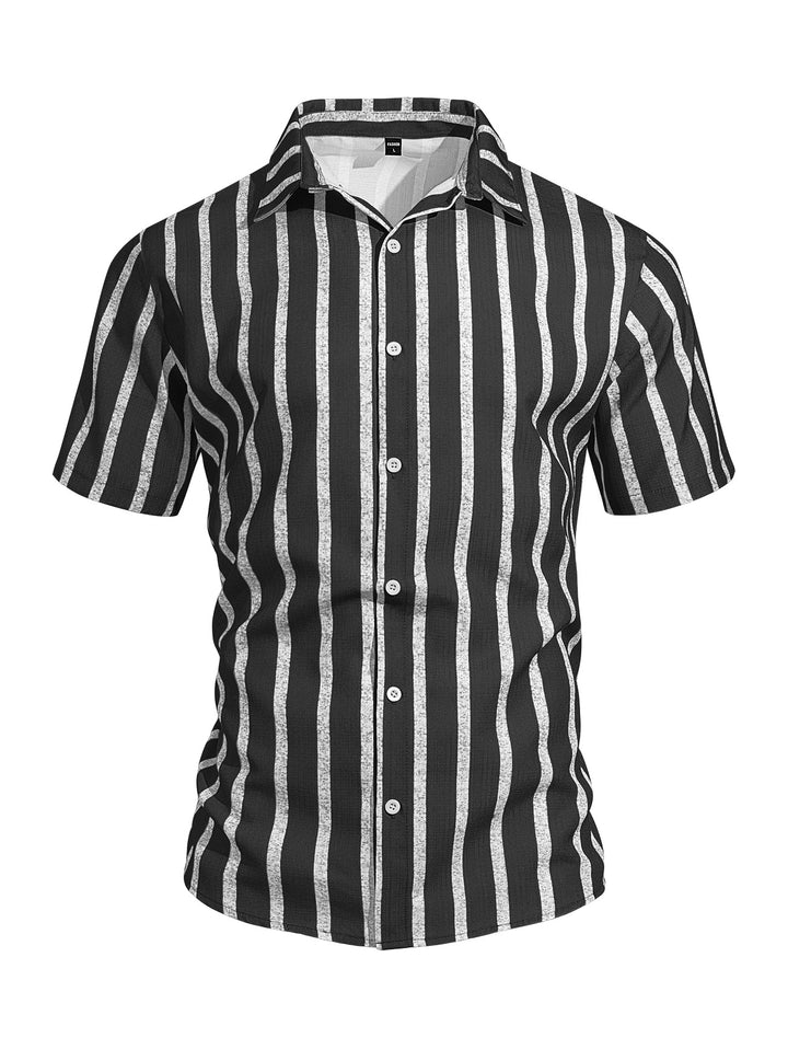 Men's casual short sleeve shirt with vertical block stripes, open lapel collar, and lightweight cotton-linen blend Mune Fashion