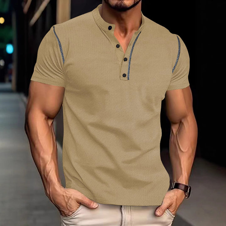 Men's tapered structured polo shirt with stand-up collar and decorative piping Mune Fashion