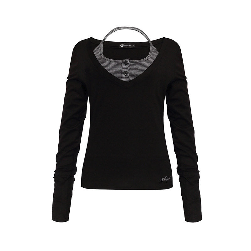 Women's long sleeve shirt with double layer effect, deep V-neck and striped insert Mune Fashion