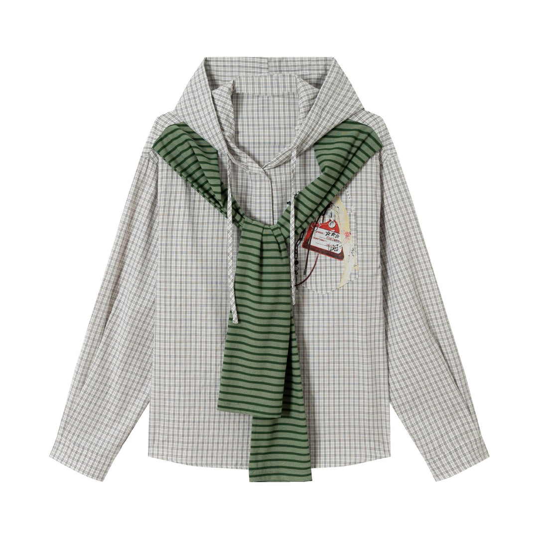 Women's Oversize Shirt Jacket with Hood, Attached Knit Scarf and Chest Patch Mune Fashion