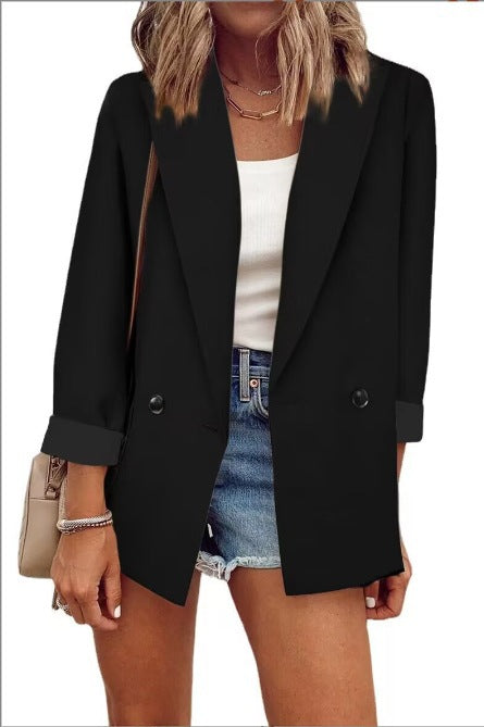 Women's Oversize Longline Blazer with 3/4 Sleeves, Contrast Lapel and Patch Pockets Mune Fashion