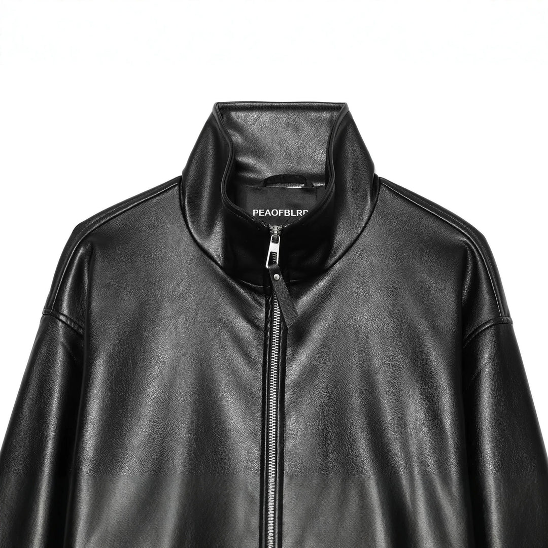 Ladies Cropped Faux Leather Jacket with Stand Collar and Zip Closure Mune Fashion