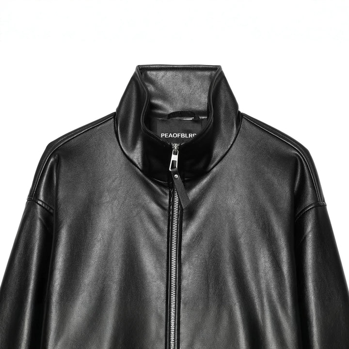 Ladies Cropped Faux Leather Jacket with Stand Collar and Zip Closure Mune Fashion