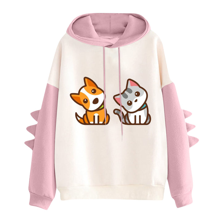 Women's hoodie with cute dog-and-cat print and 3D spikes on the sleeves Mune Fashion