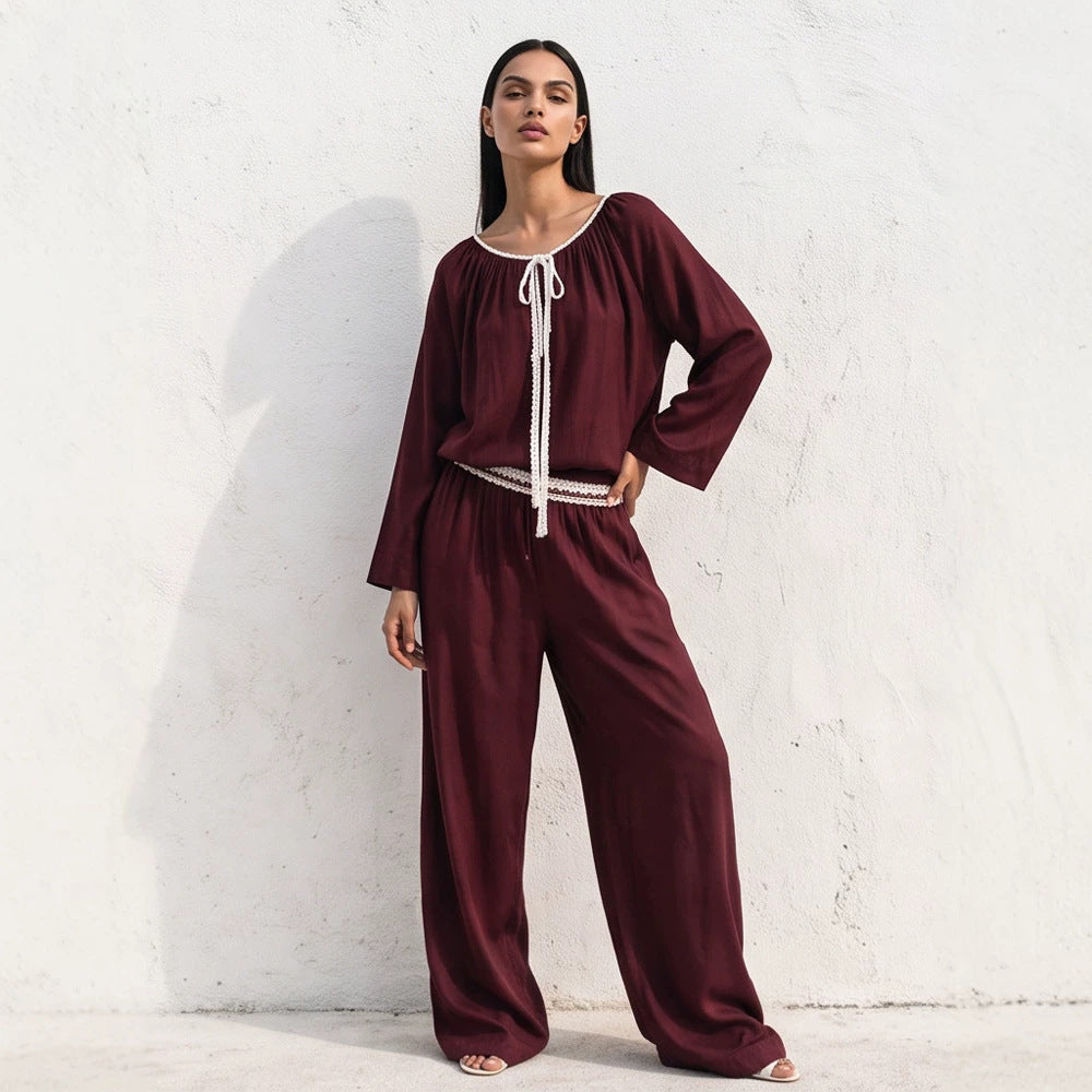 Ladies Flowing Two-Piece Loungewear Set in Silk Look with Wide Palazzo Pants and Gathered Tunic Mune Fashion