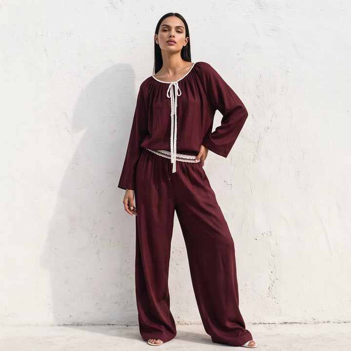 Ladies Flowing Two-Piece Loungewear Set in Silk Look with Wide Palazzo Pants and Gathered Tunic Mune Fashion