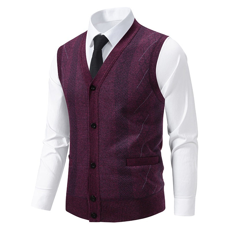 Men's Tailored Fine Knit Vest with V-Neck, Button Placket, and Side Pockets Mune Fashion