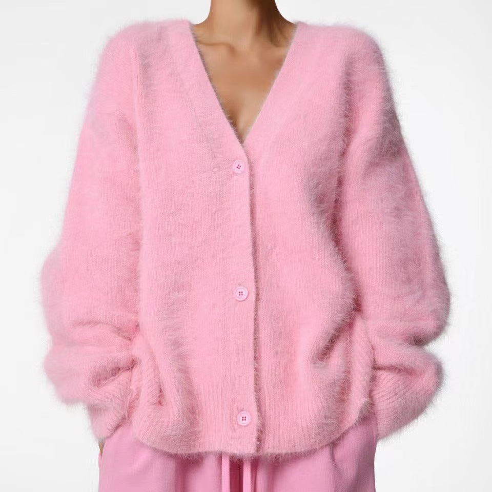 Women's Fluffy Oversize Button Cardigan with Deep V-Neck and Insert Pockets Mune Fashion