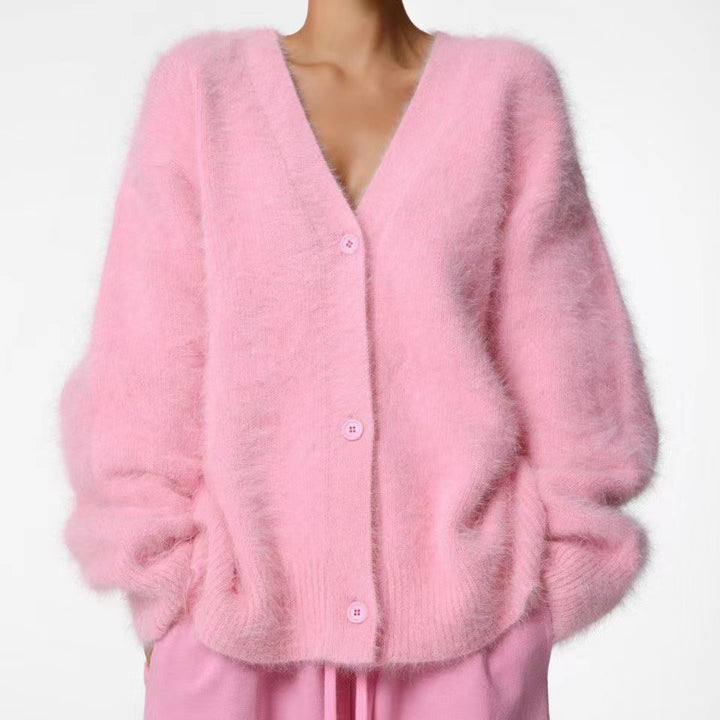 Women's Fluffy Oversize Button Cardigan with Deep V-Neck and Insert Pockets Mune Fashion