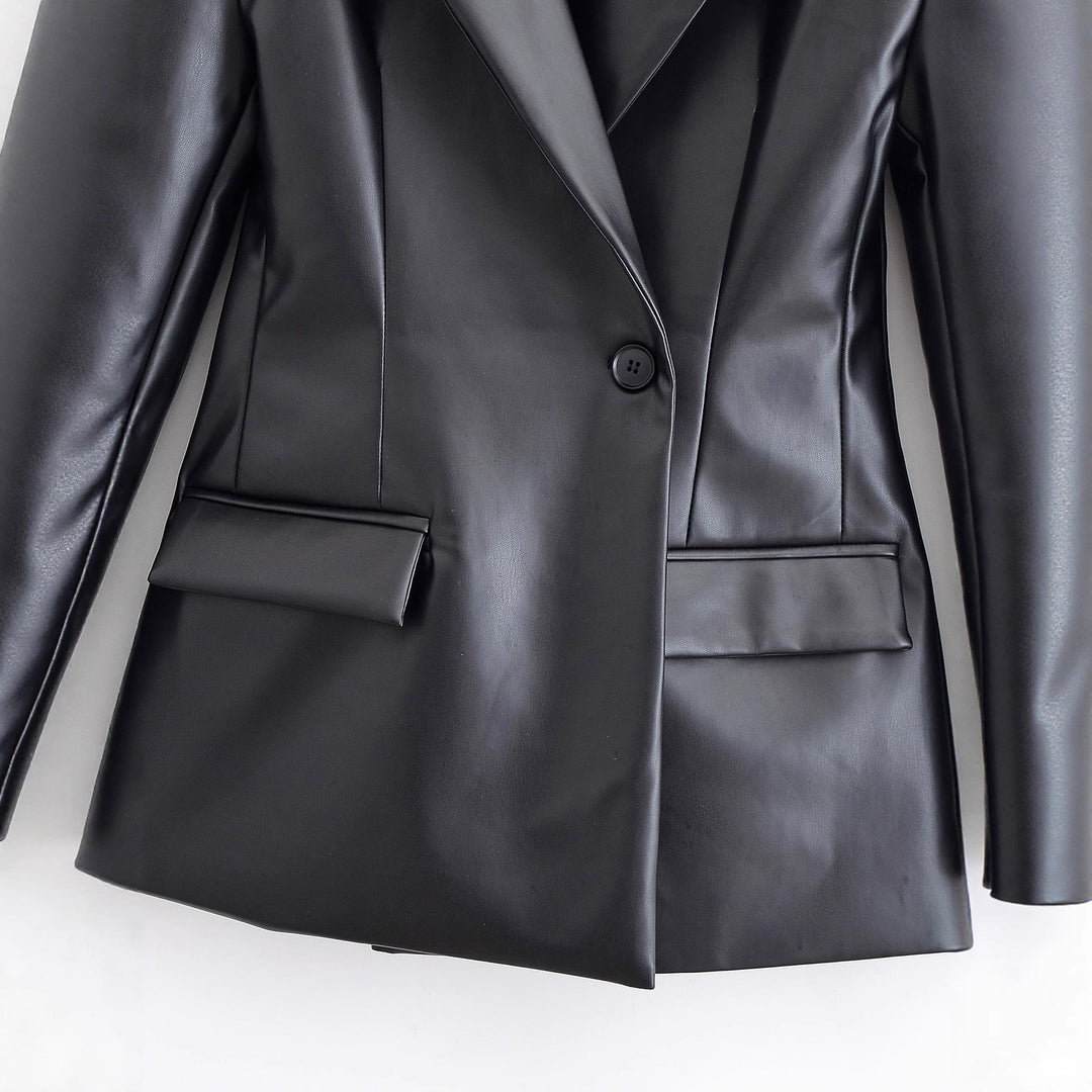 Women's Tailored Longline Faux Leather Blazer with Single Button Closure and Flap Pockets Mune Fashion