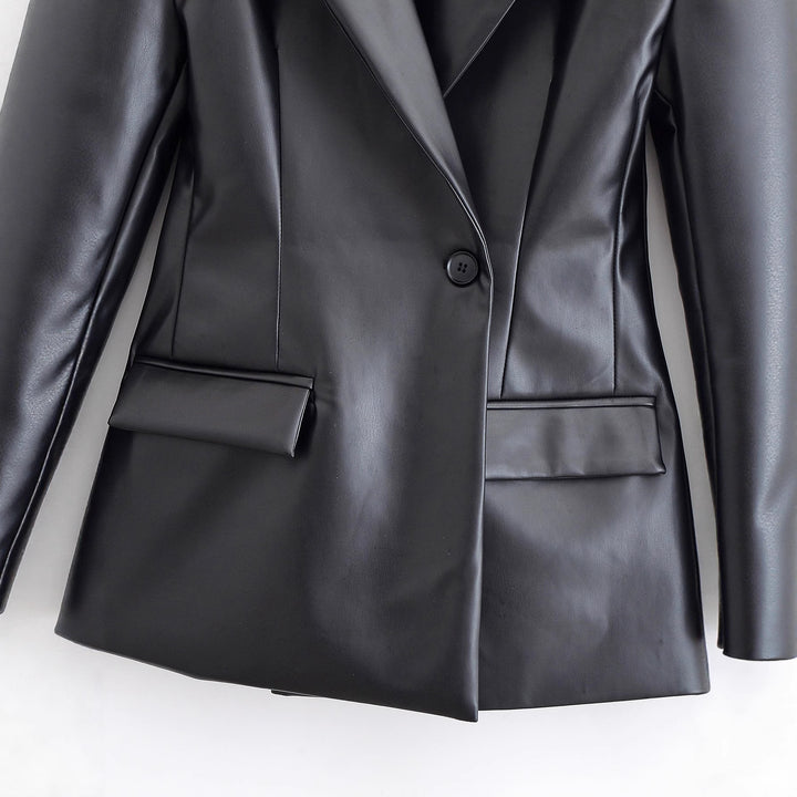 Women's Tailored Longline Faux Leather Blazer with Single Button Closure and Flap Pockets Mune Fashion