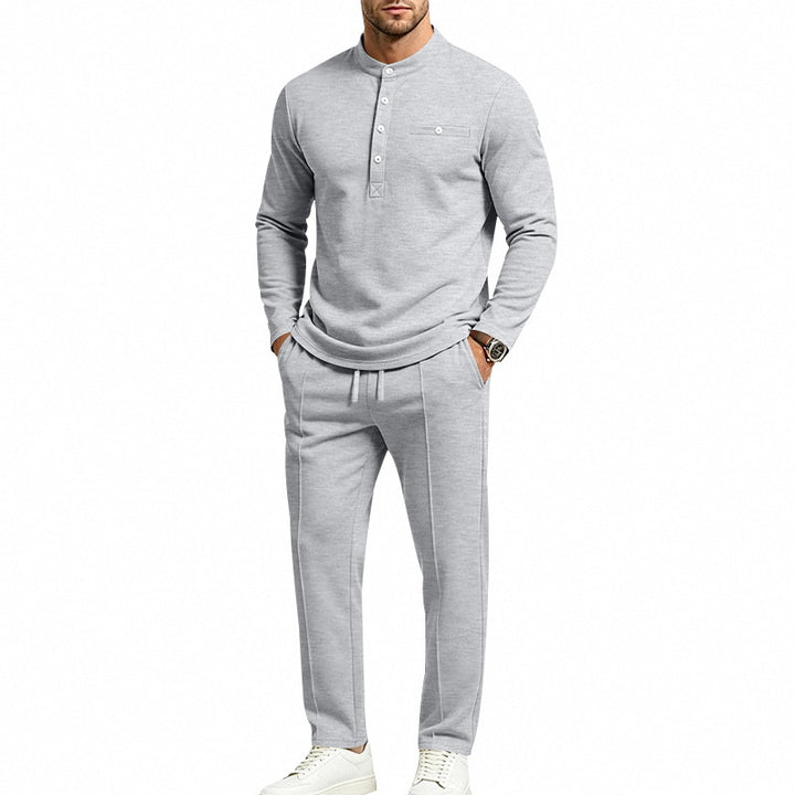Men's Two-Piece Leisure Set with Henley Long Sleeve Shirt, Stand Collar and Comfort Jogging Pants Mune Fashion