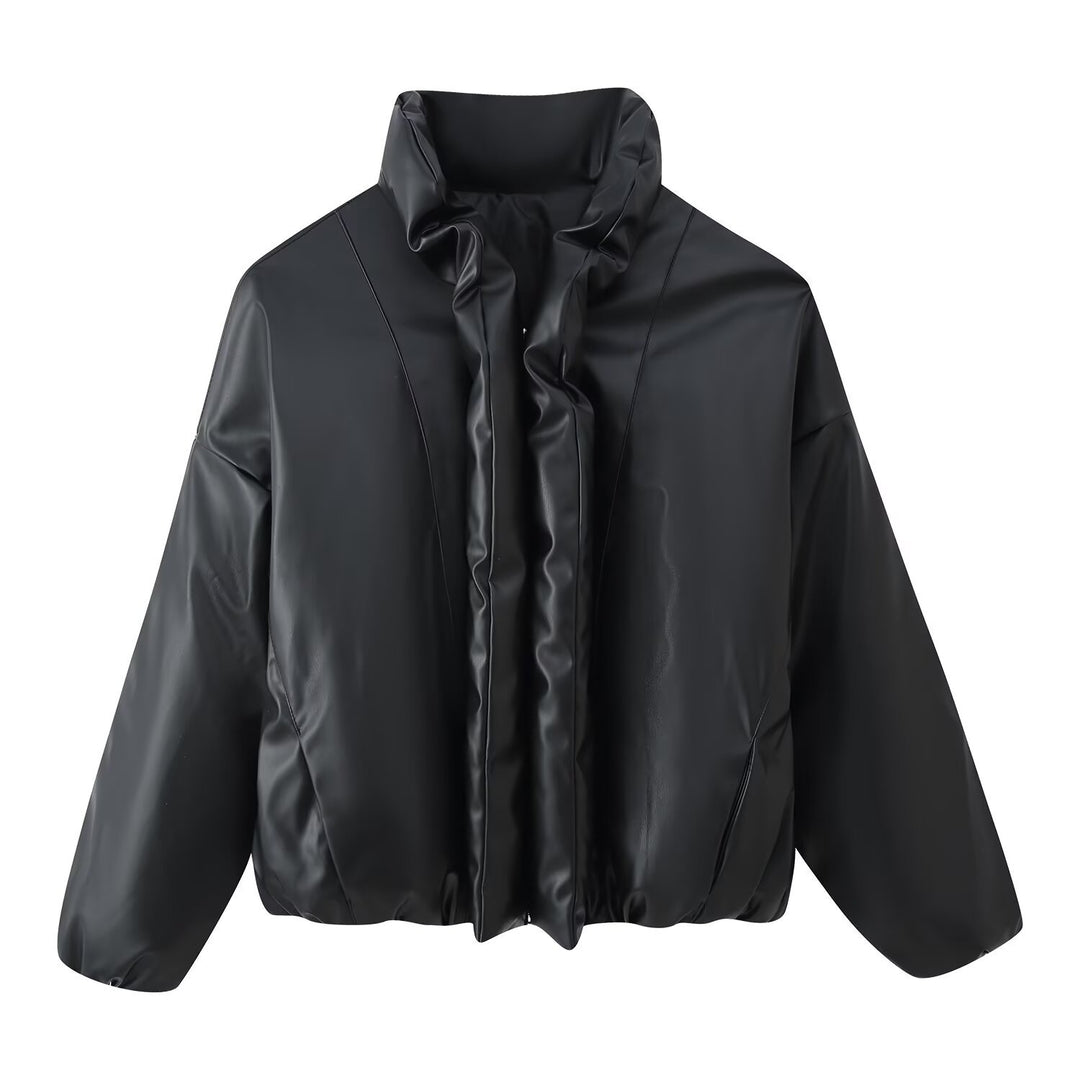 Women Oversized Faux Leather Blouson with Voluminous Stand Collar and Elastic Hem Mune Fashion